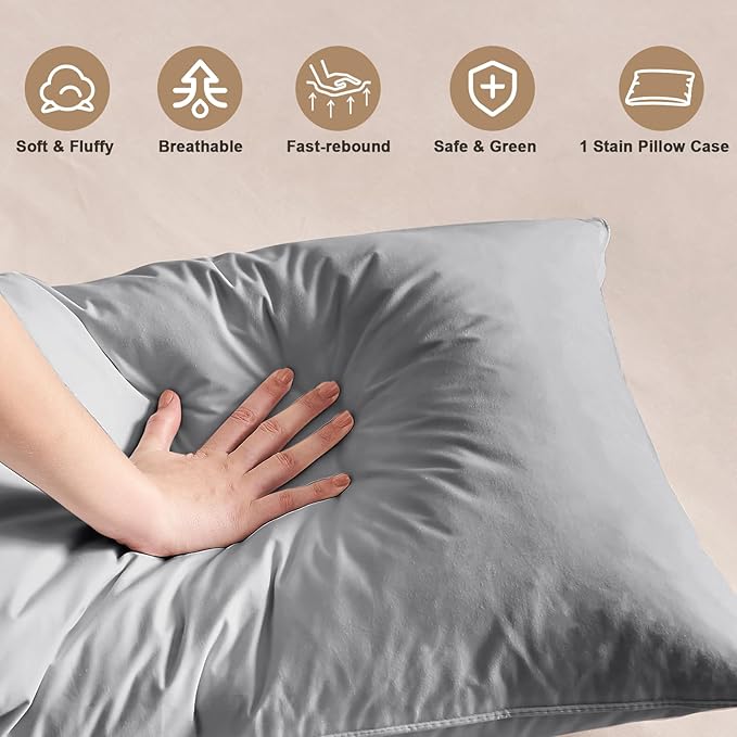 BHZ Grey Satin Goose Down Feather Pillows Queen Size with Satin Pillowcase for Hair and Skin, Cooling Pillow Cases Similar to Silk Pillow Cases, Decorative for Women, Mom Men
