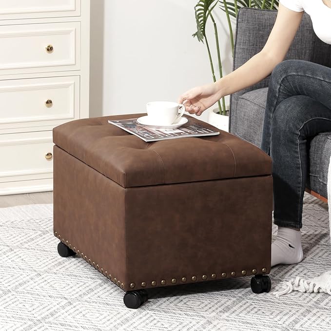 Joveco Leather Storage Ottoman with 360° Caster Wheels 24" Foot Rest Bench Rectangle Ottomans