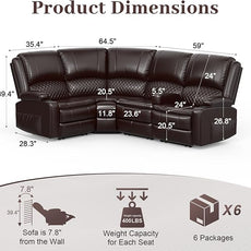 Manual Reclining Sectional Sofa Set, 4 Seats Soft Leather Recliner Corner Sectional Couch, Family-Sized L-Shaped Recliner Couch with USB Charging, Thickened Padding, Sturdy Frame, Brown