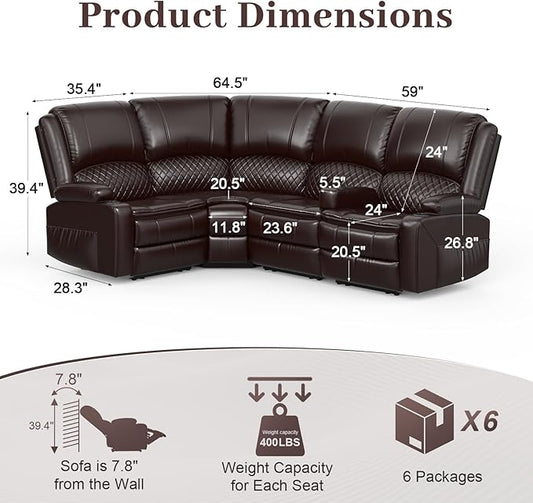 Manual Reclining Sectional Sofa Set, 4 Seats Soft Leather Recliner Corner Sectional Couch, Family-Sized L-Shaped Recliner Couch with USB Charging, Thickened Padding, Sturdy Frame, Brown