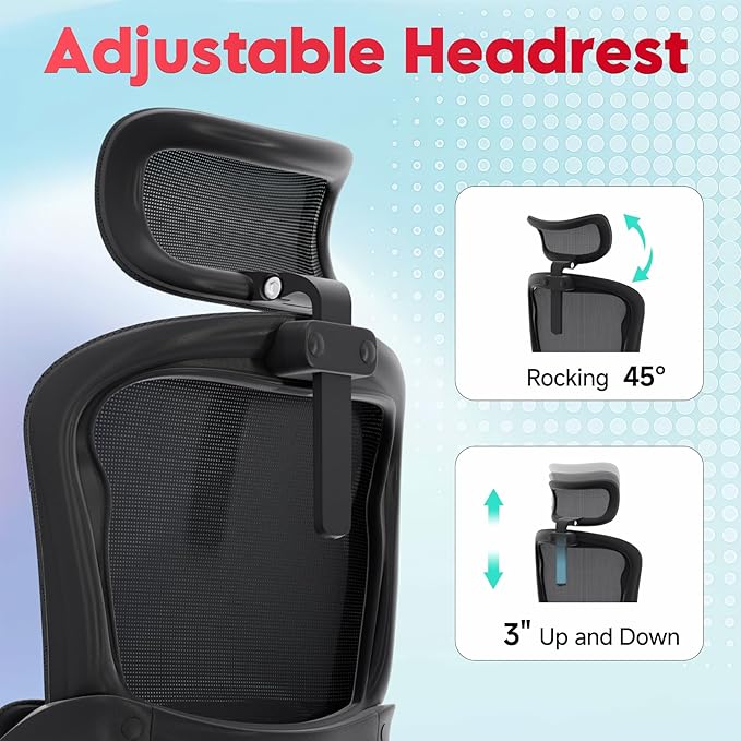 Ergonomic Office Chair - 400LB Comfy Desk Chairs with Adjustable Headrest and Lumbar Back Support, Mesh Computer Chairs with Wheels and Arms for Home Office, Study (218Gray-With Headrest)