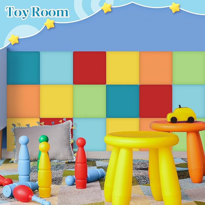 8 Pack Wall Padding for Playroom Peel and Stick Headboard 11.81" x 11.81" x 1.18" 3D Anti Collision Upholstered Wall Panels Self Adhesive Headboard Panel for Protection (Rainbow Colors)