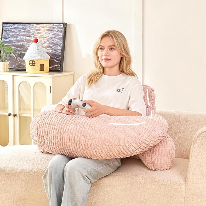 Back Pillow for Bed Sitting Up,U Shaped & Back Support Pillow for Bed,17" Backrest with Lumbar & Arm Support,Comfy Corduroy Fabric,Lap Pillow for Gaming/Reading/Watching TV,Pink