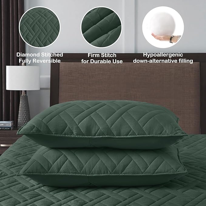 HORIMOTE HOME Quilt Set Twin Size Dark Green, Classic Geometric Diamond Stitched Pattern, Ultra Soft Microfiber Lightweight Bedding Set Bedspread Coverlet for All Season with 1 Quilt 1 Pillow Sham