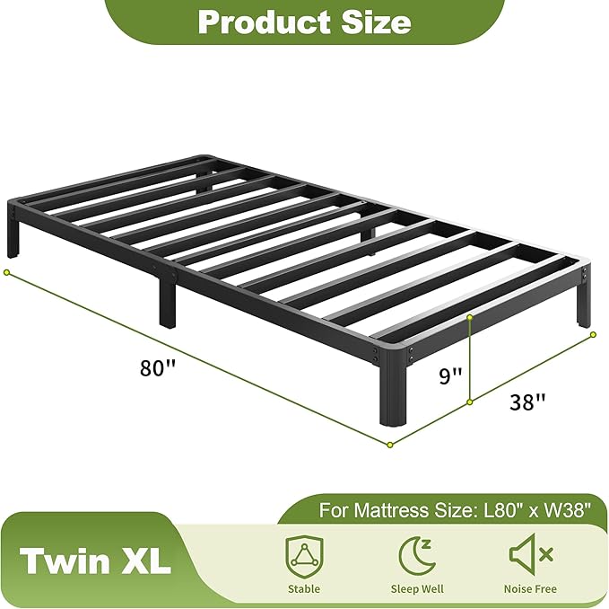 9 Inch Twin XL Bed Frames with Rounded Corner Legs, Heavy Duty XL Twin Metal Platform Bed Frame No Box Spring Needed, Easy Assembly, Noise Free, Black