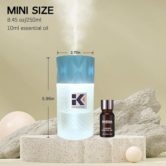 Essential Oil Diffuser with Night Light, 250ml Home Humidifier with Negative Ions, 3 Mode Ultrasonic Cool Mist Aroma Machine with 10ml Essential Oil (Blue, Lavender)