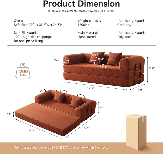 Convertible Sleeper Sofa with Cylindrical Pillow, Modern Corduroy Futon Bed, Modular Sofa with Pull-Out Bed, Love Seat Sleeper for Living Room, Small Space Apartment, Office (Orange)