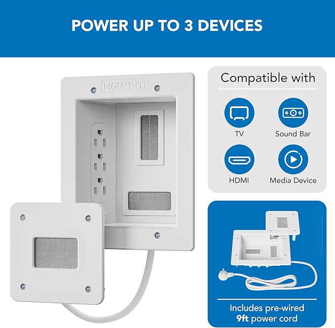 Mount-It! in-Wall TV Cable Concealer Kit with Recessed Power – Triple Outlet, 9ft Cord, and Hand Saw – Easy, Safe Cable Management for Organized TV and Home Theater Setups