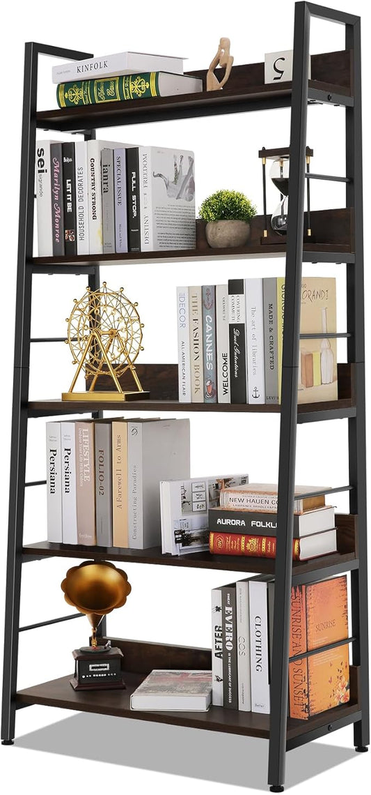 Himimi Industrial Ladder Shelf, Rustic 5 Tier Leaning Bookshelf, Wood Metal Ladder Bookcase, Plant Flower Stand Rack Book Storage Shelves for Living Room, Bedroom, Home Office