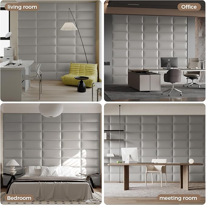 Wall-Mounted Upholstered Headboard Panels, 24x12 Inches, Light Grey Imitation Leather, Pack of 6 – DIY Soundproof Accent Wall Panels, Anti-Collision Padding, Easy to Clean, Modern Bedroom Décor