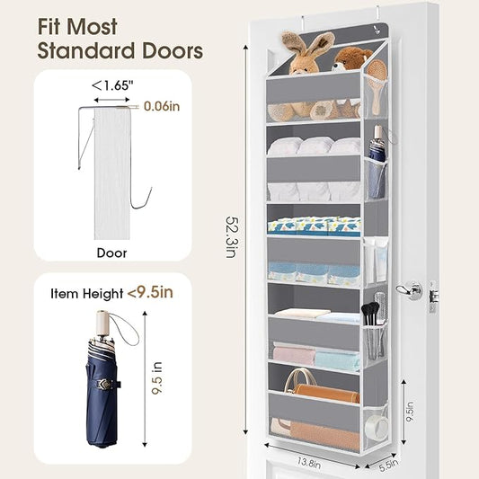1 Pack Over The Door Organizer, Hanging Storage Organizer with Clear Window, 40lb Ultra Sturdy Large Capacity Room Organizer for Pantry Laundry Bathroom Nursery Closet Baby Essential (Grey)