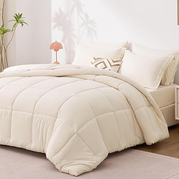 Love's cabin Full Comforter Set Beige, 7 Pieces Full Bed in a Bag, All Season Bedding Sets with 1 Comforter, 1 Flat Sheet, 1 Fitted Sheet, 2 Pillowcase and 2 Pillow Sham