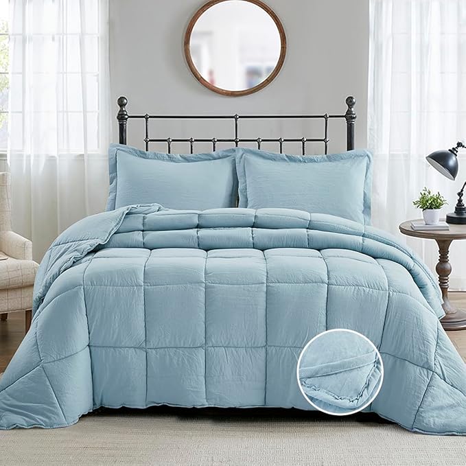 HIG Pre Washed Down Alternative Comforter Set King - Reversible Chic Quilt Design - Box Stitched with 4 Corner Tabs - Lightweight for All Season - Blue Duvet Comforter with 2 Pillow Shams