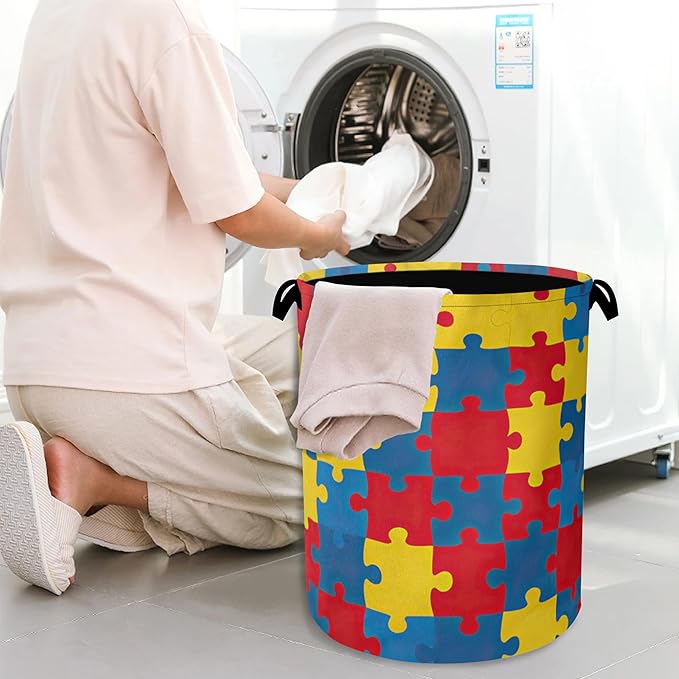 Colorful Puzzle Laundry Basket,Foldable with Handles Tote Bag Oxford Cloth for Bathroom Bedroom Dirty Clothes Storage Bucket 16" x 20.8"