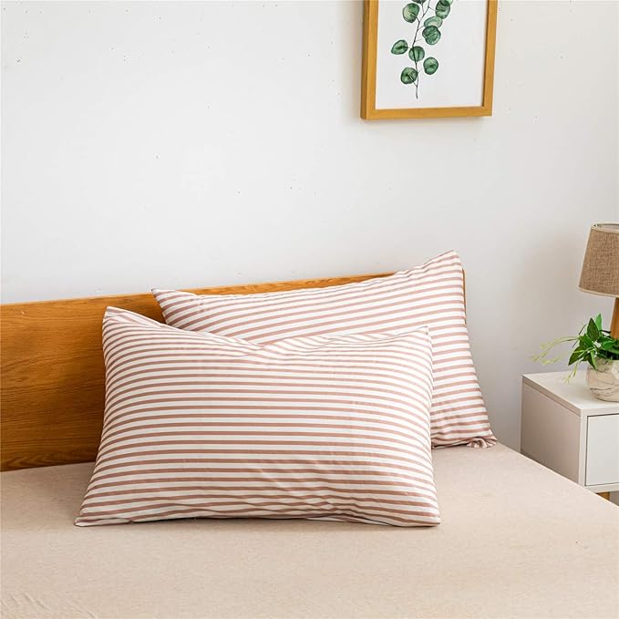 JELLYMONI 100% Natural Cotton 3pcs Striped Duvet Cover Sets,White Duvet Cover with Pink Stripes Pattern Printed Comforter Cover,with Zipper Closure & Corner Ties(Full Size)