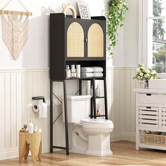 Rattan Over The Toilet Storage Cabinet with Adjustable Shelf, Bathroom Organizers and Storage with Metal Stand and Wood Rack, Tall Freestanding Shelf Space Saver, Black
