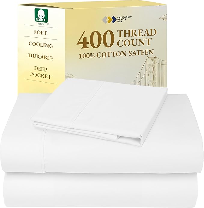 California Design Den Natural 100% Cotton Sheets, Twin Sheets Set, 400 Thread Count Sateen Bedding for Dorm Rooms & Adults, Deep Pockets with All Around Elastic, Durable - Antique White CaliforniaDesignDen