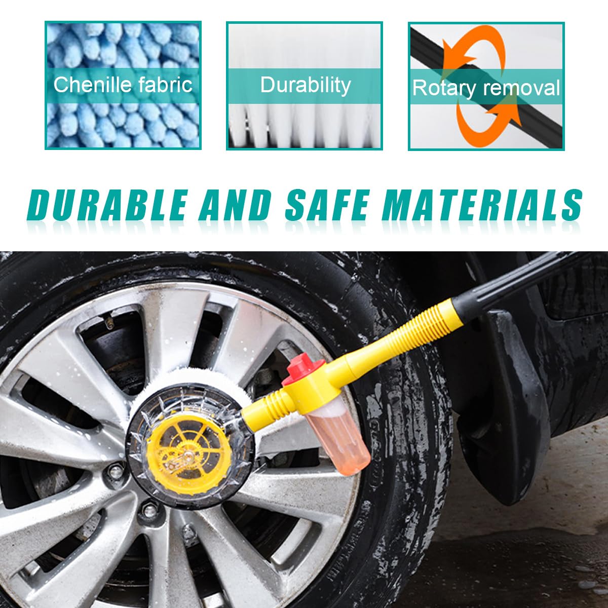Rotating Car Wash Brush, 360° Spin Auto Cleaning Brush with Long Handle, Detachable Washing Brush with Soft Chenille Bristles Universal for Most Vehicles, Car Accessories (Brush)