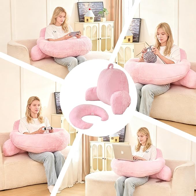 Reading Pillow for Bed,U Shaped & Back Support Pillow for Bed,17" Backrest with Lumbar & Arm Support,Luxurious Faux Rabbit Fur,Gaming PillowFor Crochet/Reading/Watching TV,Pink