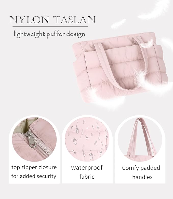 Puffer Tote Bag for Women, Cute Quilted Carryall with Zippered Compartments Shoulder Bag Handbag for Work, Travel, Gym