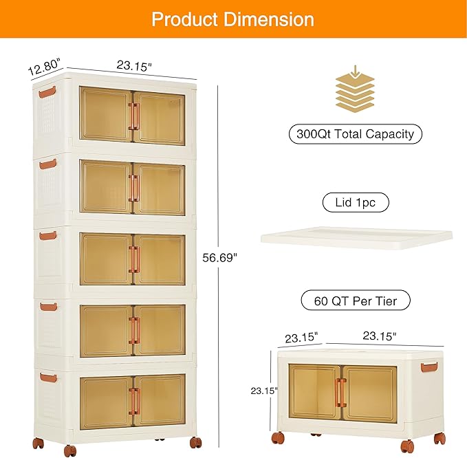 VECELO 300 QT Stackable Storage Bins with Wheels, Magnetic Dual Opening Doors & Transparent Panels, Plastic Foldable Storage Containers for Living Room, Bedroom, Kitchen, Office
