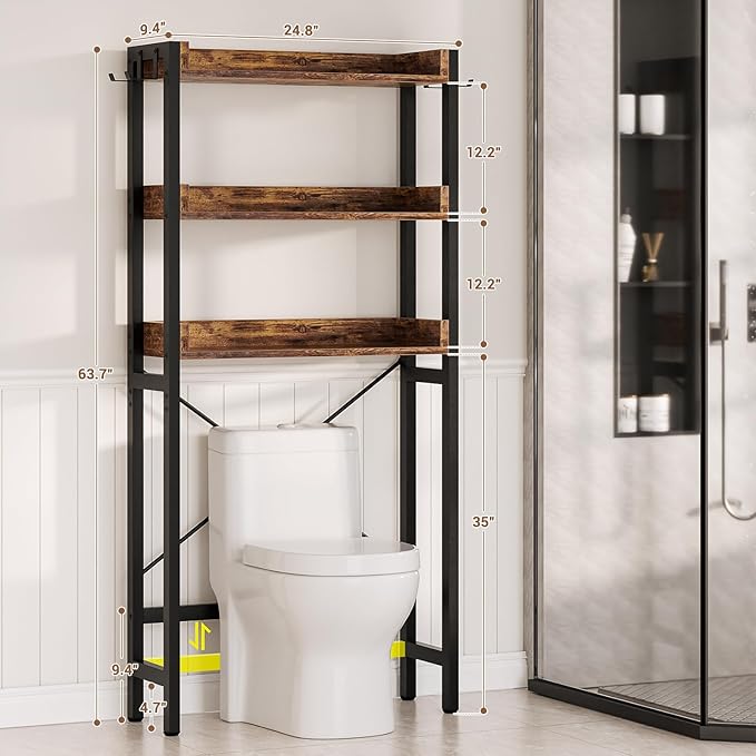 Over The Toilet Storage Rack - 3 Tier Bathroom Organizer with Shelves, Freestanding Space Saver Storage Rack Above Toilet Stand with 4 Hooks for Restroom, Laundry, Rustic Brown