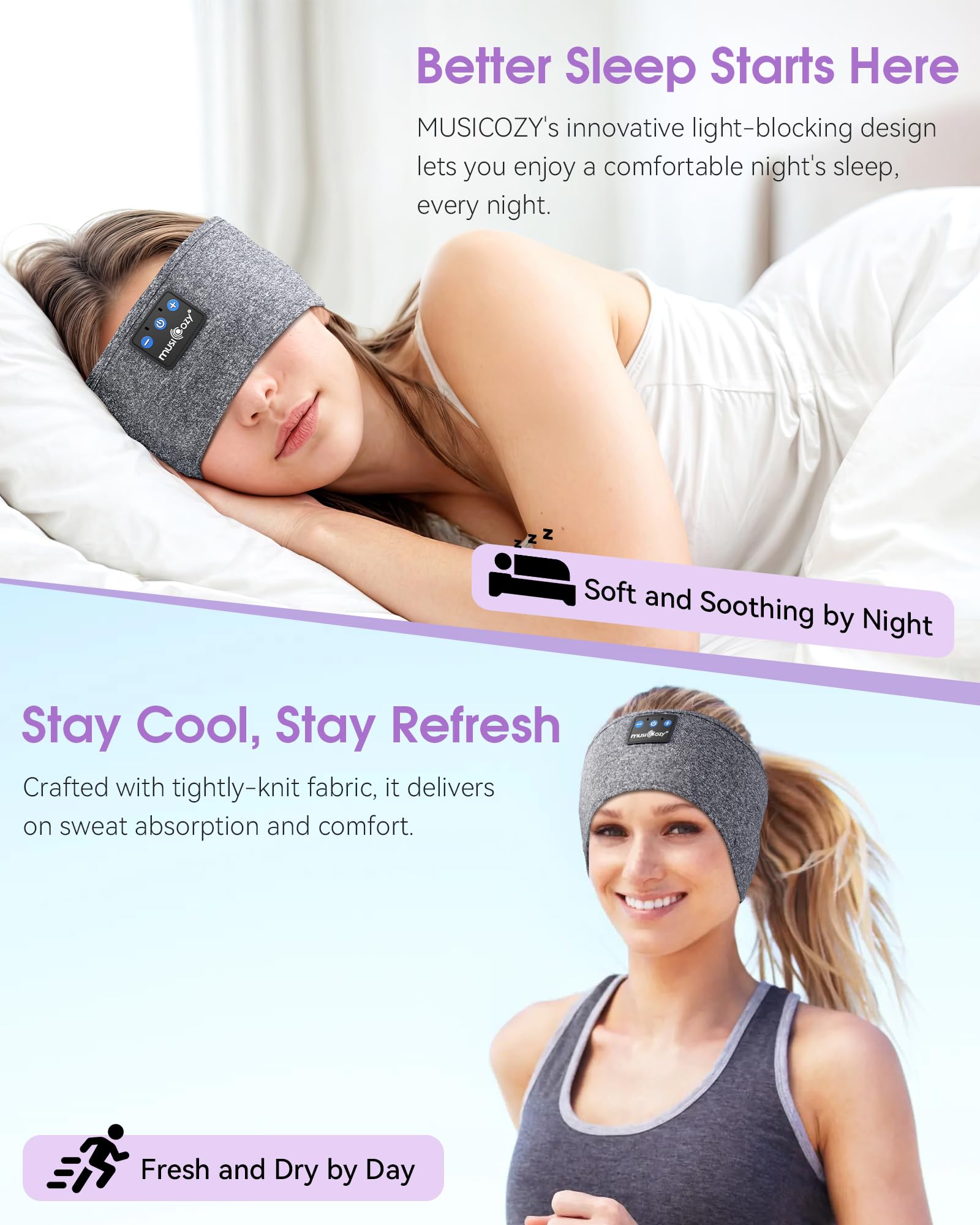 MUSICOZY Sleep Headphones Bluetooth 5.4 Headband, Sports Wireless Earphones Sweat Resistant Earbuds Sleeping Headphone with Ultra-Thin HD Stereo Speaker for Workout Running Cool Gadgets Unique Gifts Dormly