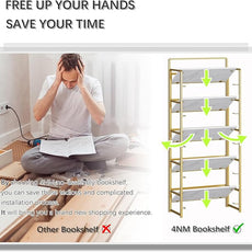 4NM No Assembly 5 Tiers Folding Bookshelf Storage Shelves Vintage Bookcase Standing Racks Study Organizer Home Office (White Gold)
