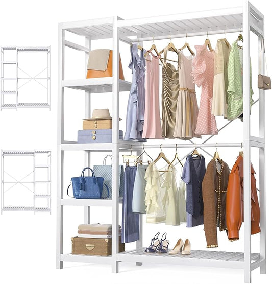 Homykic Bamboo Clothes Rack Garment Rack for Hanging Clothes, Heavy Duty Clothing Rack with 7 Tiers Adjustable Shelves, Double Rods, 4 Hooks, Freestanding Closet System Organizer Wardrobe, White