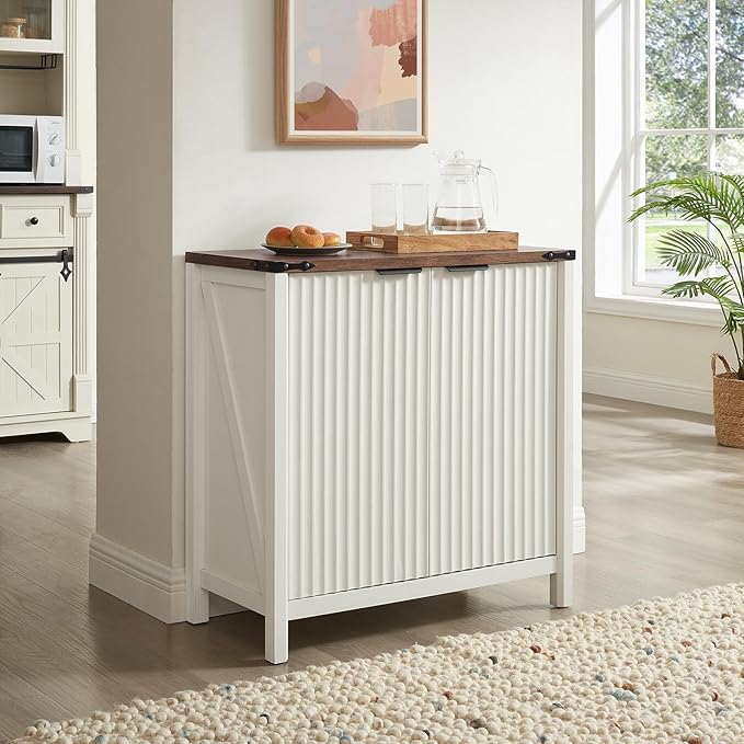 32 Fluted Sideboard Storage Cabinet Buffet - 7-Level Adjustable Shelves, Modern Farmhouse Rustic Kitchen Console Accent Cabinets, Coffee Bar Table for Dining Room (Antique White)