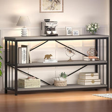 HSH Gray Bookshelf, Industrial Wood Metal Long Bookcase with Storage, Open 3 Tier Bookshelves for Bedroom Living Room, Farmhouse Wooden Etagere Book Shelf for Home Office, Light Grey Oak, 55 Inch