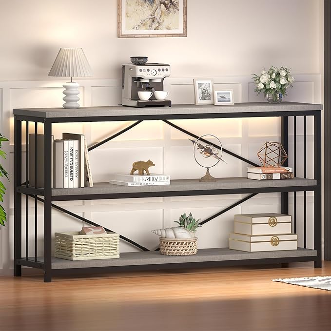HSH Gray Bookshelf, Industrial Wood Metal Long Bookcase with Storage, Open 3 Tier Bookshelves for Bedroom Living Room, Farmhouse Wooden Etagere Book Shelf for Home Office, Light Grey Oak, 55 Inch