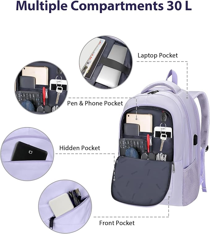 MATEIN Large 17 Inch Laptop Backpack for Women, Lightweight Travel Backpack Fits College School Essentials, Anti Theft Work Commute Nursing Computer Bag TSA Approved for Weekender Trip, Light Purple