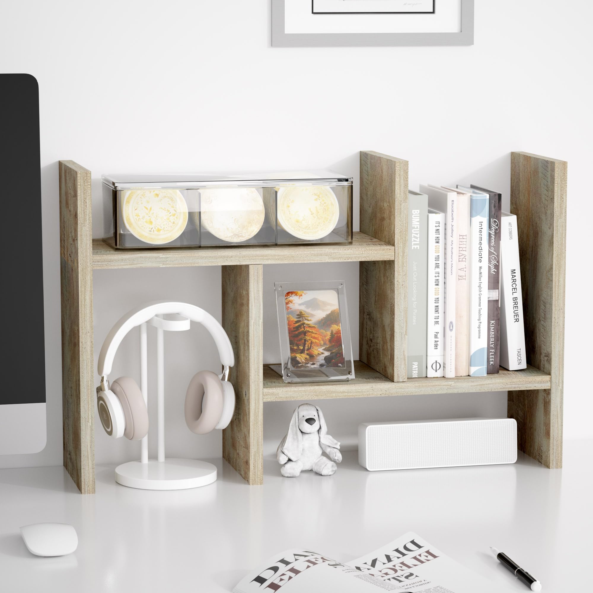 Jerry & Maggie Desktop Organizer Office Storage Rack Adjustable Wood Display Shelf Free Style Double H, Multi-Functional Mini Bookshelf for Desk Natural Stand (Violet) Dormly