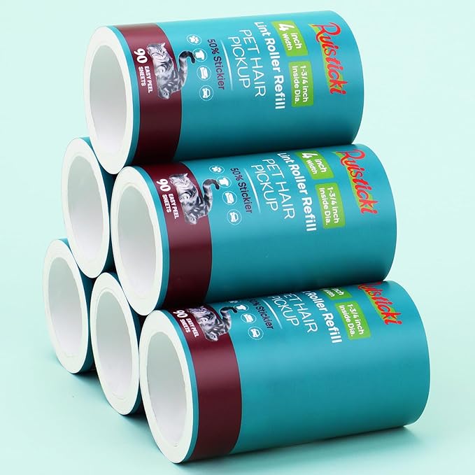 4 inch Lint Roller Refills Only for Scotch-Brite, Pet Hair Pickup Extra Sticky Lint Roller Refill 90 Sheets by 6 Pack - 540 Easy-Tear Adhesive Sheets Total (Inside Dia. 1 3/4 inch)