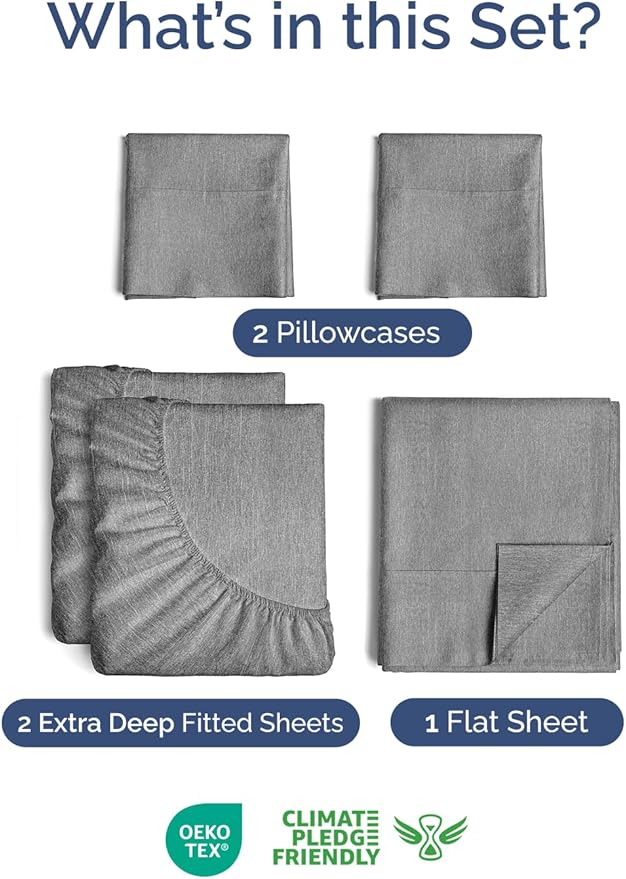 Extra Deep Pocket Split King Sheets - 5 Piece Breathable & Cooling Bed Sheets - Hotel Luxury Bed Sheet Set - Soft, Wrinkle Free & Comfy - Easily Fits Extra Deep Mattresses - Heathered Grey Sheets Set