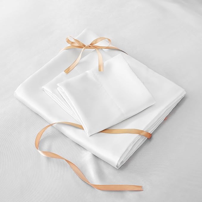 BEDELITE King Size Sheets Set, Luxury Soft White Satin Sheets for Hair and Skin, Similar to Silk Bed Sheets Set 4 Pieces with 1 Deep Pocket Fitted Sheet, 1 Flat Sheet, and 2 Pillowcases