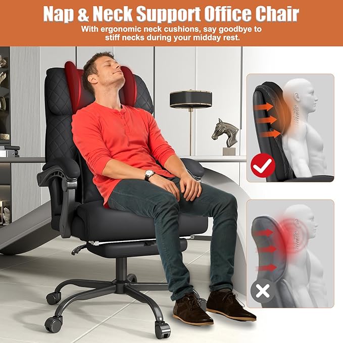 Ergonomic Office Chair with Footrest, 400lbs High Back Executive Home Office Computer Chair with Unique Ear-Shape Headrest for Neck Support,Black Leather Office Chairs for Home Office Work