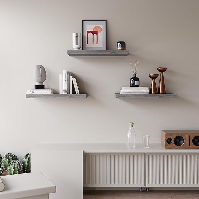 Floating Shelves for Wall Set of 3, 16" Gray Wall Shelves for Home Decor, Frame Display Floating Shelf for Living Room, Bedroom, Bathroom, Kitchen