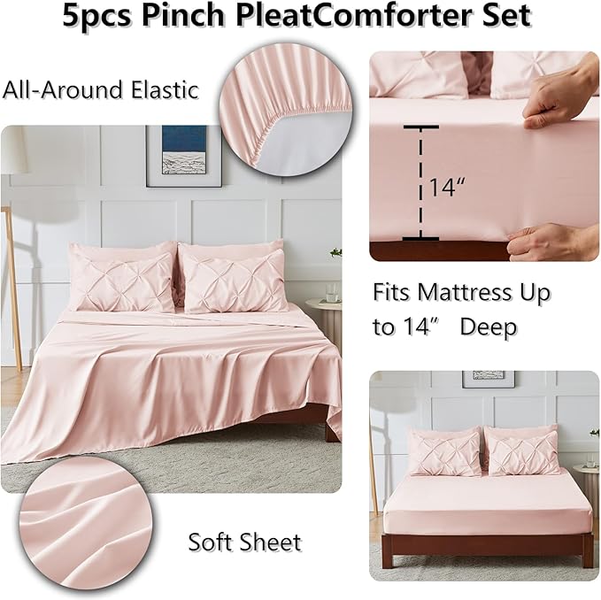 CozyLux Twin Comforter Set with Sheets Blush Pink, 5 Pieces Pintuck Bed in A Bag, Twin Bed Set Gift for Family, Pinch Pleat Bedding Set with Comforter, Sheets, Pillowcase & Sham