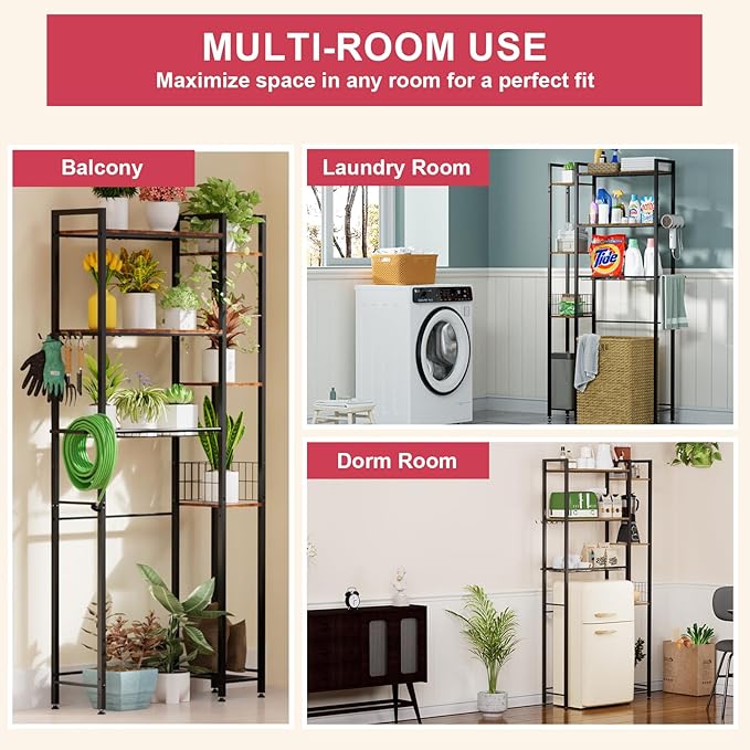 Over Toilet Bathroom Organizer, 7-Tier Study Metal Toilet Storage Shelf for Toilet Paper, Towels, Toiletries, Easy Assembly, Freestanding, Perfect for Small Space, Apartment, Dorm, Powder Room