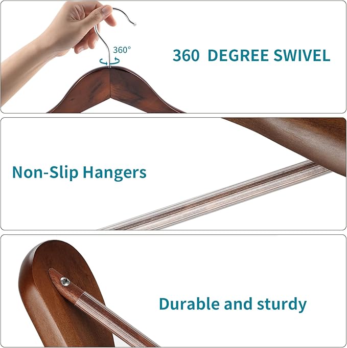 Solid Wood Suit Hangers, 10 Pack, Coat Hangers with Non Slip Trouser Bar, 360° Swivel Hook, Heavy Duty Wide Hangers for Suit, Coat, Jacket, Trousers, Pants,17.3" W x 9", Dark Walnut AWY0410H