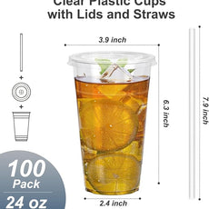 100 Pack - 24 oz Clear Plastic Cups with Lids and Straws, Sturdy & Food Safe Iced Coffee Cups with lids, Disposable Plastic Smoothie Cups for Cold Drinks