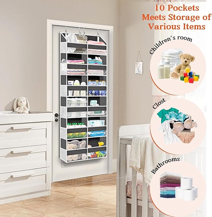 2 Pack Over The Door Organizer 6 Tiers, Extra Large Behind Door Storage of 12 Compartments, 80 lbs Weight Capacity Hanging Storage Organizer with Clear Window Kids Toys,Shoes (6 Tiers - Grey)