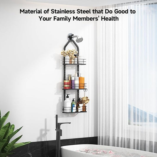 Shower Caddy Hanging, Adjustable Anti-Swing-Over The Shower Head Caddy, 3 Tier Height Bathroom Storage Organizer Bathroom Shelves Basket Rack Shower Caddies (3Tier)