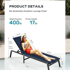 Aluminum Chaise Lounge Ourdoor - Foldable & Assemble Free Outdoor Lounge Chair with 5 Adjustable Backrest, Patio Lounge Chair for Outside Poolside Beach Pool, Navy Blue