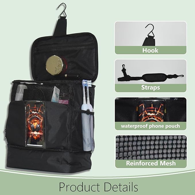 Large Mesh Shower Caddy,Portable Shower Bag Tote Basket,Hanging Quick Dry Toiletry Caddy for College Dorm, Bathrooms, Gyms, Travel, Camping, Swimming, and RVs(with straps) (Black)