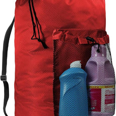 Laundry Bag with Shoulder Straps and Mesh Pocket Laundry Backpack Large Portable Laundry Hamper for College Laundromat Apartment (Red)