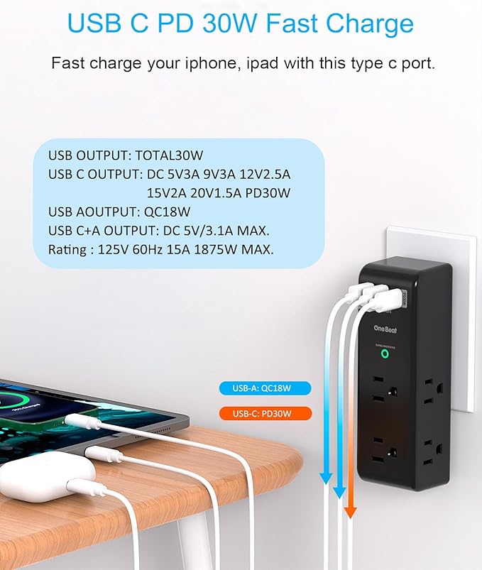 PD 30W Surge Protector Outlet Extender, Rotating Plug, One Beat 6 AC Multi Plug Outlet with 3 USB Ports (1 USB C), 1800J 3-Sided Swivel Power Strip, Spaced Outlet Splitter for Home Office Dorm - Black