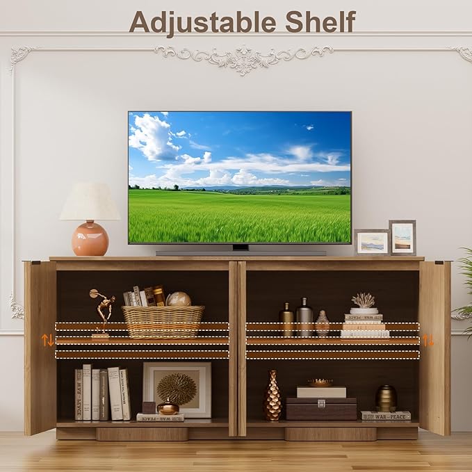 Yechen Buffet Cabinet with Storage, 59" Accent Sideboard Modern Credenza with Doors & Adjustable Shelves Fluted Media Console Wood Coffee Bar Table for Living Kitchen Dining Room